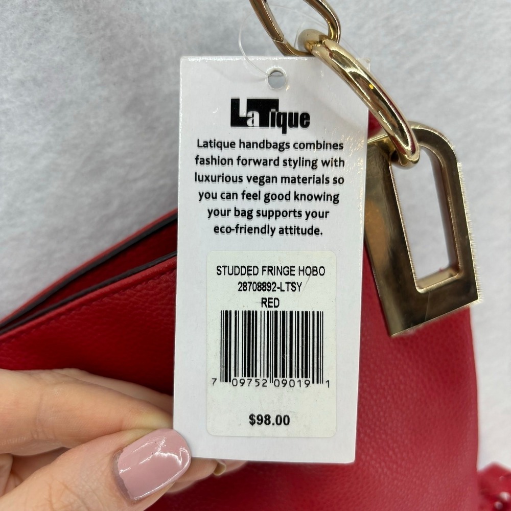 LaTique Red Studded Fringe Hobo Bag Vegan Leather Boho Western Festival Cowgirl - Picture 13 of 13
